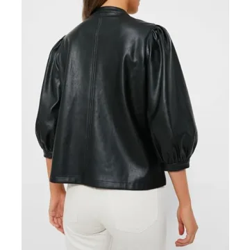 LifeShe Women's V Neck Faux Leather Blouse 3/4 Puff Sleeves PU Leather Shirts Club Party Tops Black
