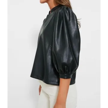 LifeShe Women's V Neck Faux Leather Blouse 3/4 Puff Sleeves PU Leather Shirts Club Party Tops Black