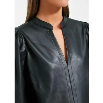 LifeShe Women's V Neck Faux Leather Blouse 3/4 Puff Sleeves PU Leather Shirts Club Party Tops Black