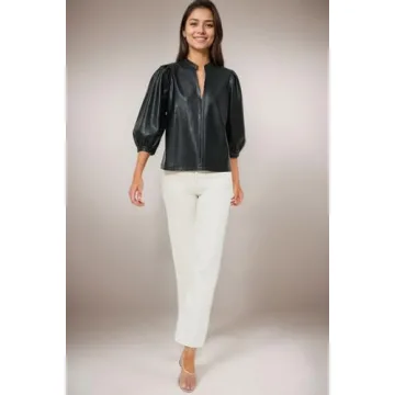 LifeShe Women's V Neck Faux Leather Blouse 3/4 Puff Sleeves PU Leather Shirts Club Party Tops Black