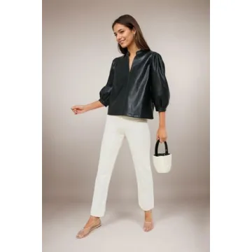 LifeShe Women's V Neck Faux Leather Blouse 3/4 Puff Sleeves PU Leather Shirts Club Party Tops Black