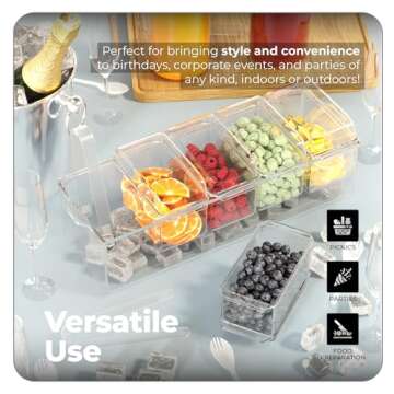 Prime Home Direct Ice Chilled Condiment Caddy | 5 Containers & 5 Lids | BPA Free | Hosting Party Supplies Serving Tray Platter | Buffet, Food Server, Fruit, Garnish, Mimosa, Salad, Taco Bar Organizer