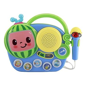 eKids Auxiliary Cocomelon Toy Singalong Boombox with Microphone for Toddlers, Built-in Music and Fla...