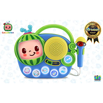 eKids Auxiliary Cocomelon Toy Singalong Boombox with Microphone for Toddlers, Built-in Music and Flashing Lights, Fans of Cocomelon Gifts