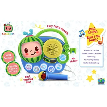 eKids Auxiliary Cocomelon Toy Singalong Boombox with Microphone for Toddlers, Built-in Music and Flashing Lights, Fans of Cocomelon Gifts