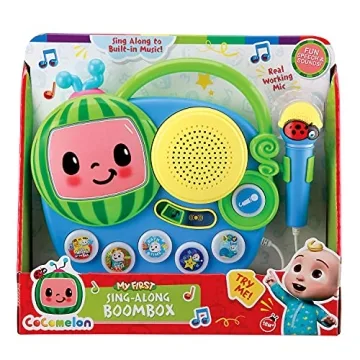 eKids Auxiliary Cocomelon Toy Singalong Boombox with Microphone for Toddlers, Built-in Music and Flashing Lights, Fans of Cocomelon Gifts