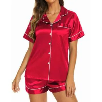 Ekouaer Pajama Sets for Women Silk Button Up Sleepwear Satin Short Sleeve Pjs Top and Shorts 2 Piece Lounge Set,Red,X-Large