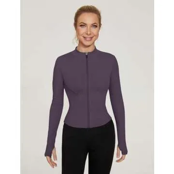 LUYAA Workout Jackets Women Fall 2024 Long Sleeve Athletic Golf Shirts Sports Active Crop Top Slim Fit Dark Grey Purple M