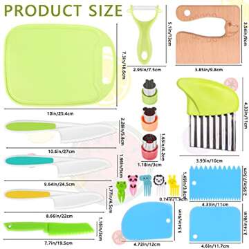 24 Pieces Kids Kitchen Knife Set, Wood Safe Knife for Real Cooking, Serrated Edges Plastic Toddler Knife including Y Peeler Cutting Board Biscuit Molds Cream Scraper Fruit Forks Plastic Potato Slicers