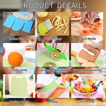 24 Pieces Kids Kitchen Knife Set, Wood Safe Knife for Real Cooking, Serrated Edges Plastic Toddler Knife including Y Peeler Cutting Board Biscuit Molds Cream Scraper Fruit Forks Plastic Potato Slicers