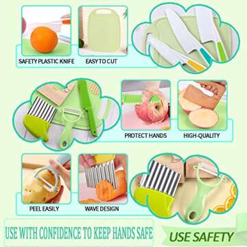 24 Pieces Kids Kitchen Knife Set, Wood Safe Knife for Real Cooking, Serrated Edges Plastic Toddler Knife including Y Peeler Cutting Board Biscuit Molds Cream Scraper Fruit Forks Plastic Potato Slicers
