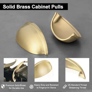 QOGRISUN 5-Pack Solid Brass Cabinet Bin Pulls,Gold Cup Drawer Dresser Handles,3-Inch Hole Center, 3-3/5-Inch Overall Length,Kitchen Cupboard Konbs Hardware, Brushed Brass Finish