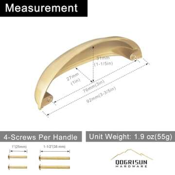 QOGRISUN 5-Pack Solid Brass Cabinet Bin Pulls,Gold Cup Drawer Dresser Handles,3-Inch Hole Center, 3-3/5-Inch Overall Length,Kitchen Cupboard Konbs Hardware, Brushed Brass Finish