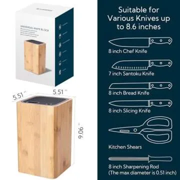 Deluxe Universal Knife Block with Slots for Scissors and Sharpening Rod - Eco-Friendly Bamboo Knife Holder For Safe, Space Saver Knives Storage - Unique Slot Design to Protect Blades - by KITCHENDAO