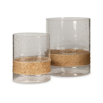 Eudocia Coastal Seeded Glass Candle Holder Set with Rope Base - 2 Pieces, Beautiful Decor for Home