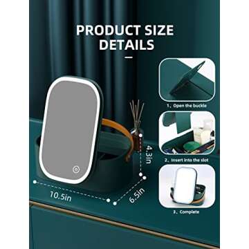 CielClair Makeup Case with Mirror and Light, Portable Makeup Organizer with Adjustable LED Lights & Mirror Lid, Cosmetic Organizer Storage with Handle for Bedroom Camping Travel, Dark Green