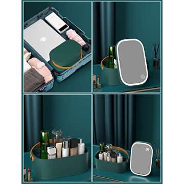 CielClair Makeup Case with Mirror and Light, Portable Makeup Organizer with Adjustable LED Lights & Mirror Lid, Cosmetic Organizer Storage with Handle for Bedroom Camping Travel, Dark Green