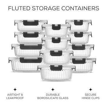 JoyJolt 24pc Fluted Glass Storage Containers with Lids. 12 Airtight, Freezer Safe Food Storage Conta...