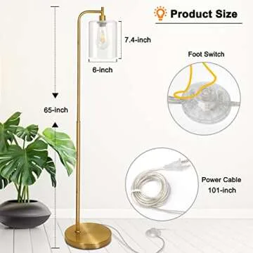 JoJocom Gold Industrial Floor Lamp with Glass Shade, Vintage Standing Lamp with E26 Bulb, Brass Floor Lamp with Foot Switch for Bedroom Living Room