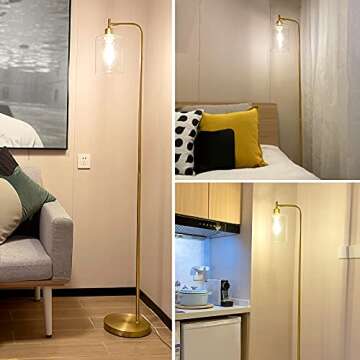JoJocom Gold Industrial Floor Lamp with Glass Shade, Vintage Standing Lamp with E26 Bulb, Brass Floor Lamp with Foot Switch for Bedroom Living Room