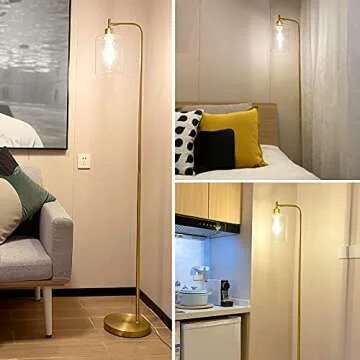 JoJocom Gold Industrial Floor Lamp with Glass Shade, Vintage Standing Lamp with E26 Bulb, Brass Floor Lamp with Foot Switch for Bedroom Living Room
