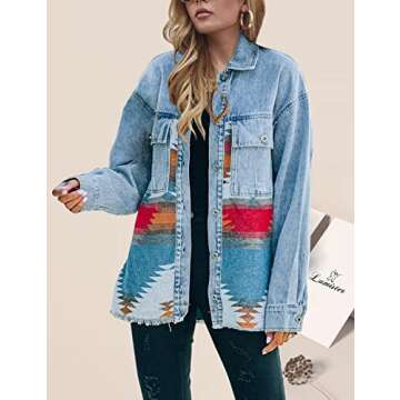 Lumister Aztec Denim Jacket Distressed Lapel Long Sleeve Vintage Button Down Denim Jacket Shacket(0007-Blue-L)