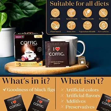 Roasted Organic Black Fig Powder - Caffeine Free Herbal Energy Drink Box of 20 Tea Bags/Sachets