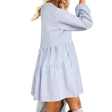FANCYINN Long Sleeve Shift Tunic Dress Ruffle Swing Babydoll Juniors Mini Tiered Dress with Pockets Blue Pinstripe M