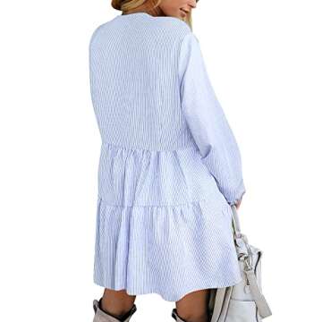 FANCYINN Long Sleeve Shift Tunic Dress Ruffle Swing Babydoll Juniors Mini Tiered Dress with Pockets Blue Pinstripe M