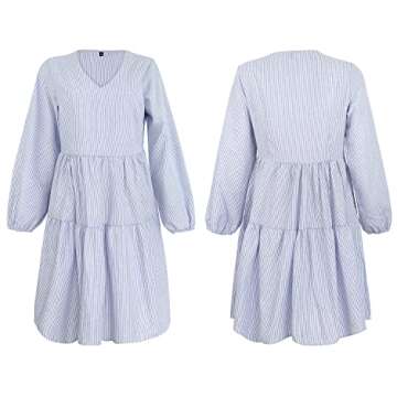 FANCYINN Long Sleeve Shift Tunic Dress Ruffle Swing Babydoll Juniors Mini Tiered Dress with Pockets Blue Pinstripe M