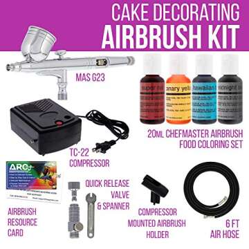 Master Airbrush Cake Decorating Airbrushing System Kit with a Set of 4 Chefmaster Food Colors, Gravi...