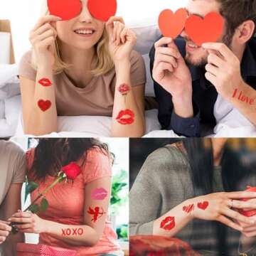84 Pcs Valentines Temporary Tattoo Stickers Red Lips Heart Love Rose Fake Tattoo Stickers Valentines Day Party Supplies Women Girls man Face Stickers Themed Decorations (10 Sheets)