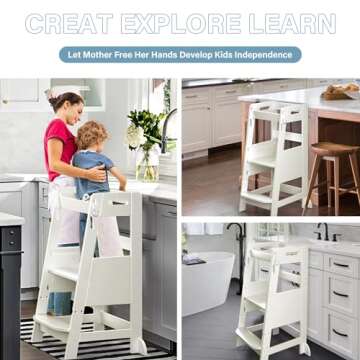 TOETOL Bamboo Toddler Learning Step Stool 3 Height Adjustable Kitchen Counter Standing and Bathroom Sink Tower Helper Stool for Kids with Anti-Slip Protection(Ivory White)