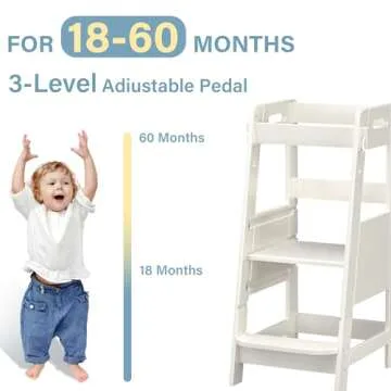 TOETOL Bamboo Toddler Learning Step Stool 3 Height Adjustable Kitchen Counter Standing and Bathroom Sink Tower Helper Stool for Kids with Anti-Slip Protection(Ivory White)