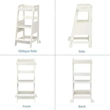 TOETOL Bamboo Toddler Learning Step Stool 3 Height Adjustable Kitchen Counter Standing and Bathroom Sink Tower Helper Stool for Kids with Anti-Slip Protection(Ivory White)