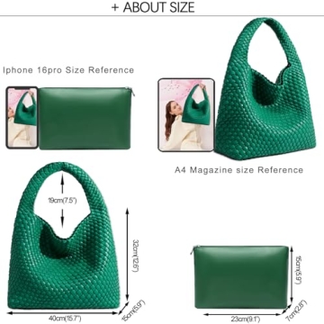 Women Vegan Leather Hand-Woven Tote Handbag Fashion Shoulder Top-handle Bag All-Match Underarm Bag with Purse (Green)