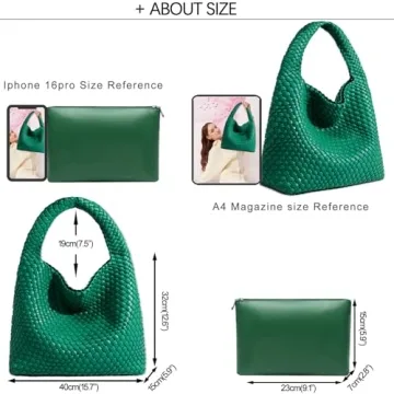 Women Vegan Leather Hand-Woven Tote Handbag Fashion Shoulder Top-handle Bag All-Match Underarm Bag with Purse (Green)