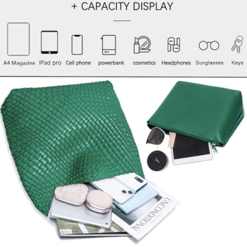 Women Vegan Leather Hand-Woven Tote Handbag Fashion Shoulder Top-handle Bag All-Match Underarm Bag with Purse (Green)
