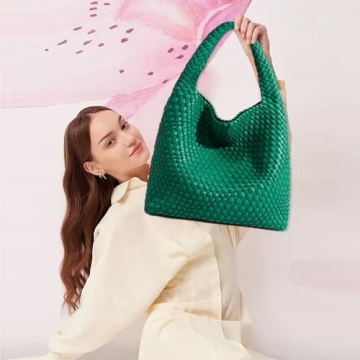 Women Vegan Leather Hand-Woven Tote Handbag Fashion Shoulder Top-handle Bag All-Match Underarm Bag with Purse (Green)