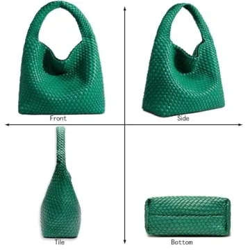 Women Vegan Leather Hand-Woven Tote Handbag Fashion Shoulder Top-handle Bag All-Match Underarm Bag with Purse (Green)