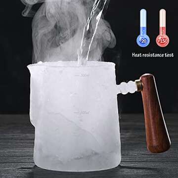 Thickened Hand Hammered Glass Creamer Pitcher with Wooden Handle 17Oz/500ML Coffee Milk Frothing Cup Clear Measuring Scale Espresso Machine Accessories for Milk Coffee Cappuccino Latte Art