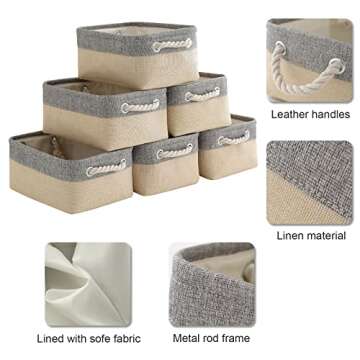 pulnimus Fabric Storage Baskets 12”x 8” x 5”Cloth Baskets, 6 Pack Nursery Baskets, Small Storage Bins for Baby, Empty Gift Baskets with Rope Handles, Rectangular Basket, Decorative Closet Baskets