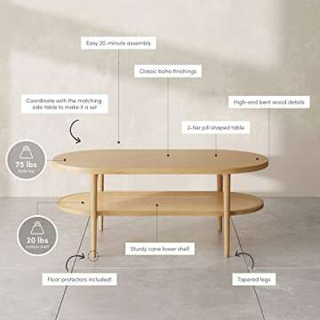 Nathan James Sonia Coffee Table with Storage Shelf, Light Wood/Rattan