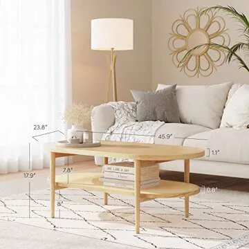 Nathan James Sonia Coffee Table with Storage Shelf, Light Wood/Rattan