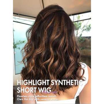 Nnzes Black Mixed Brown Wig with Bangs Short Bob Wavy Wigs Synthetic Curly Wig for Women Natural Loo...