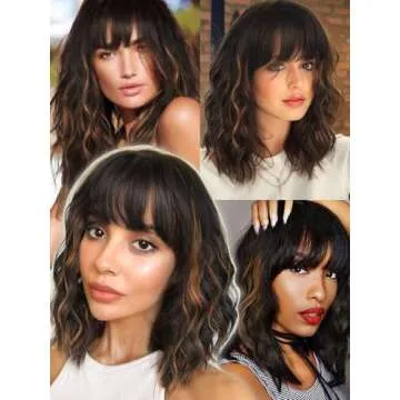 Nnzes Black Mixed Brown Wig with Bangs Short Bob Wavy Wigs Synthetic Curly Wig for Women Natural Looking Heat Resistant Fiber Hair for Daily Party Use