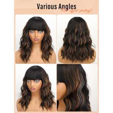 Nnzes Black Mixed Brown Wig with Bangs Short Bob Wavy Wigs Synthetic Curly Wig for Women Natural Looking Heat Resistant Fiber Hair for Daily Party Use