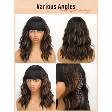 Nnzes Black Mixed Brown Wig with Bangs Short Bob Wavy Wigs Synthetic Curly Wig for Women Natural Looking Heat Resistant Fiber Hair for Daily Party Use