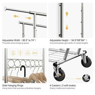 LANGRIA Heavy Duty Rolling Commercial Double Rail Clothing Garment Rack with Wheels Expandable Rods Collapsible Clothes Rack Max Load Capacity 287 lbs. for Bedroom Dressing Room Store (Chrome)