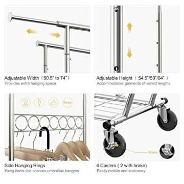 LANGRIA Heavy Duty Rolling Commercial Double Rail Clothing Garment Rack with Wheels Expandable Rods Collapsible Clothes Rack Max Load Capacity 287 lbs. for Bedroom Dressing Room Store (Chrome)